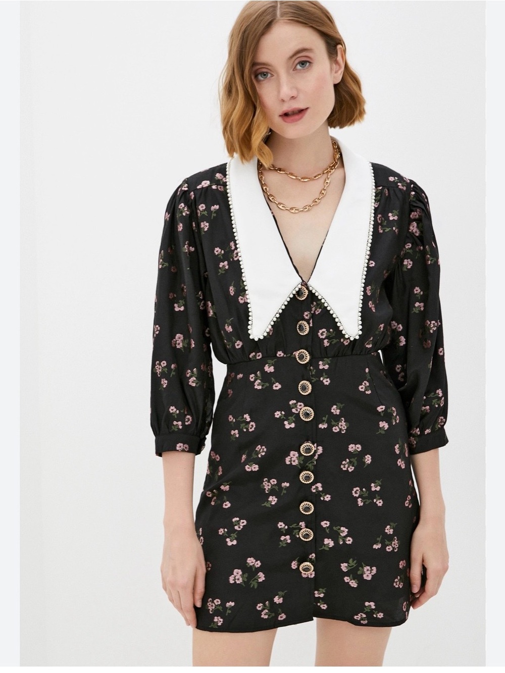 Sister Jane .urban Black Floral Button-Mini Dress with White Peter Pan Collar